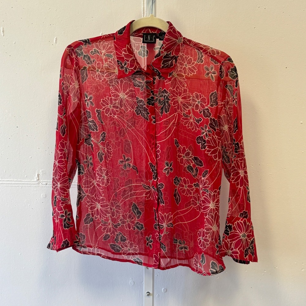 90s INC International Concepts Floral Sheer Button Front Blouse Sz 4 Long Sleeve